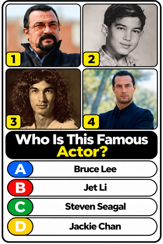 A multi-choice quiz image showing four famous actors with the bottom-left image being a young Bruce Lee The question ask