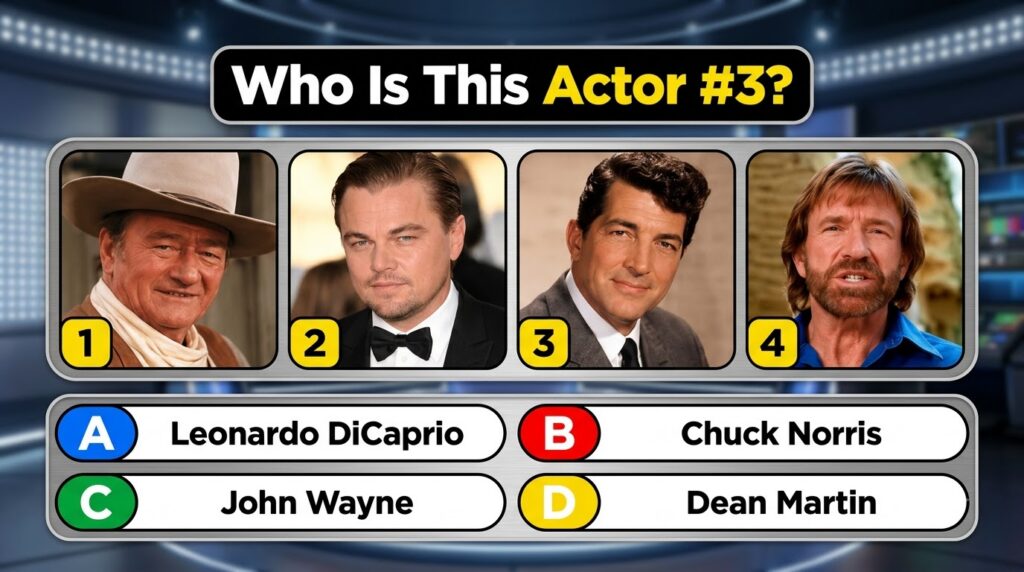 A multiple-choice quiz image showing four square headshots of actors John Wayne 1 Leonardo DiCaprio 2 Dean Martin 3 and 