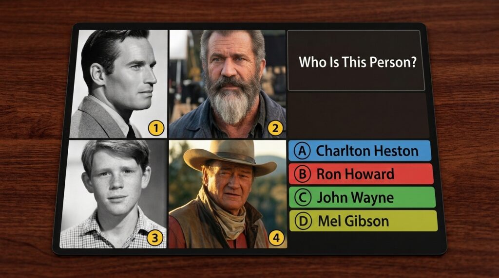 A multiple-choice quiz image showing four portraits of Mel Gibson at different ages from young to older with a question