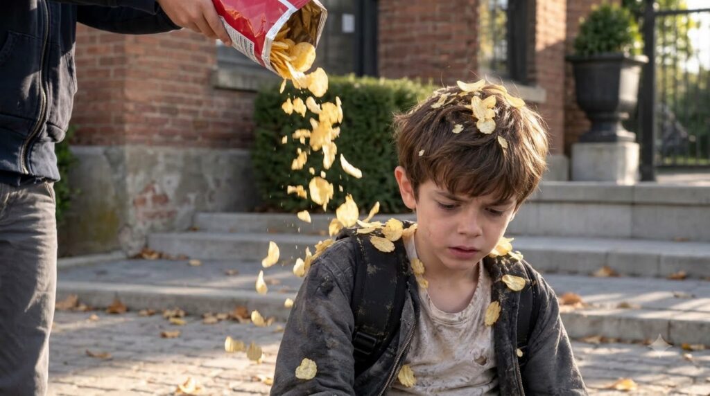 A young boy with a distressed expression as potato chips are poured onto his head Many chips are on his hair and clothes