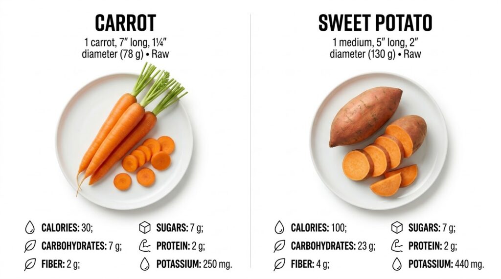 An infographic comparing the nutritional values of a carrot and a sweet potato showing serving sizes calories carbohydra