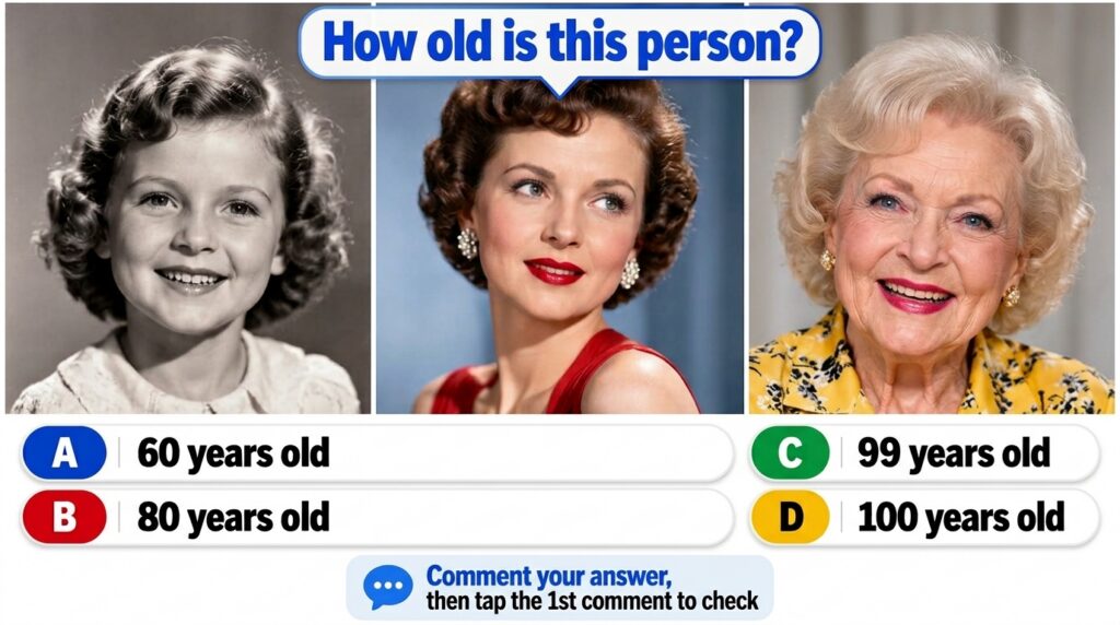 A quiz card featuring three portraits of Betty White at different ages as a child a young woman and an older woman The q