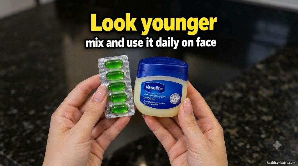 Hands holding a jar of Vaseline and a blister pack of green Vitamin E capsules with a focus on the ingredients for a bea