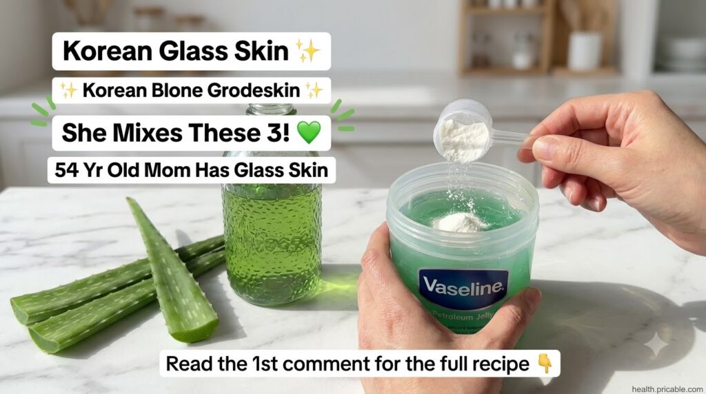 A hand pouring fine white rice flour into a tub of green aloe vera petroleum jelly on a clean light surface with hints o