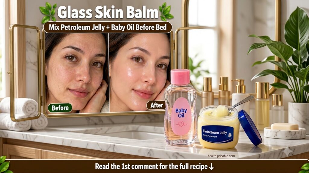 A close-up shot of the two ingredients a bottle of baby oil and an open tub of petroleum jelly with a small spoon on a w