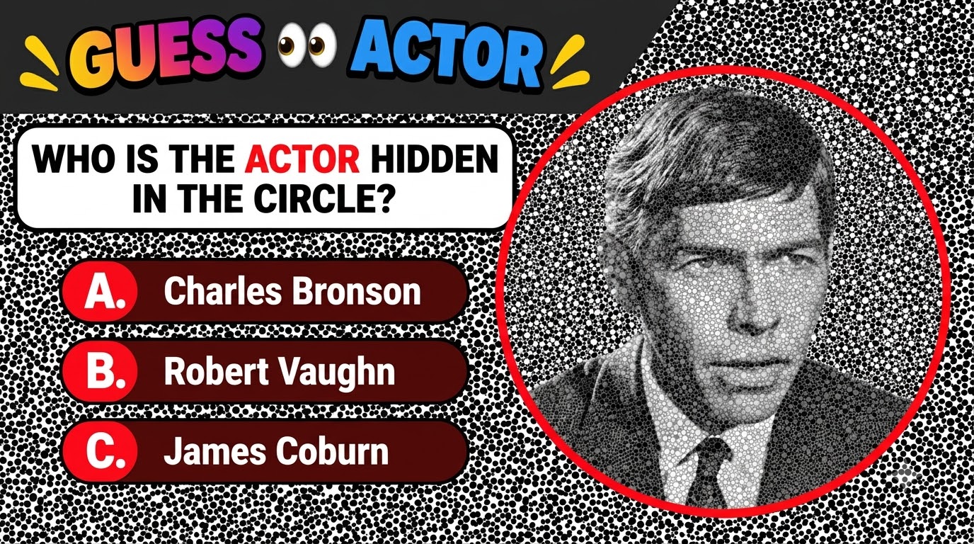 Black and white portrait of Humphrey Bogart in a halftone style as if from a quiz card with multiple-choice options belo