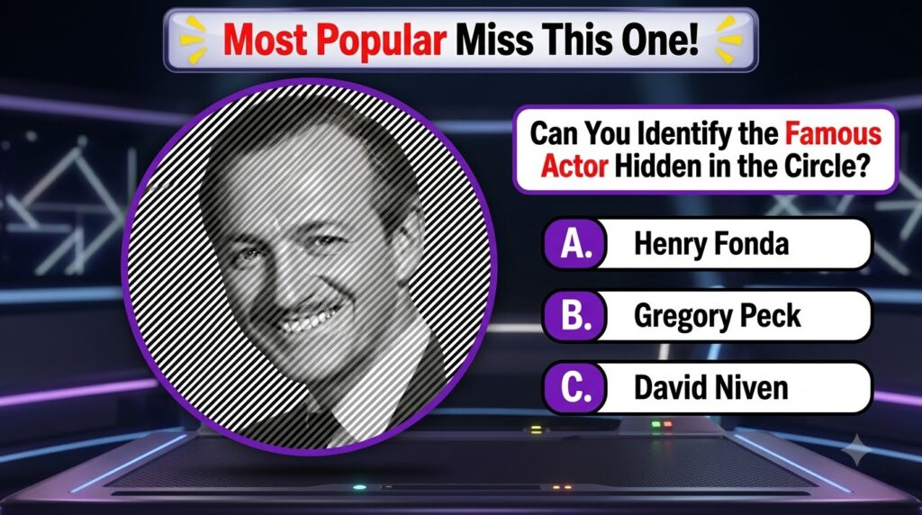 Black and white headshot of a smiling man partially obscured by diagonal stripes within a purple circular frame as part