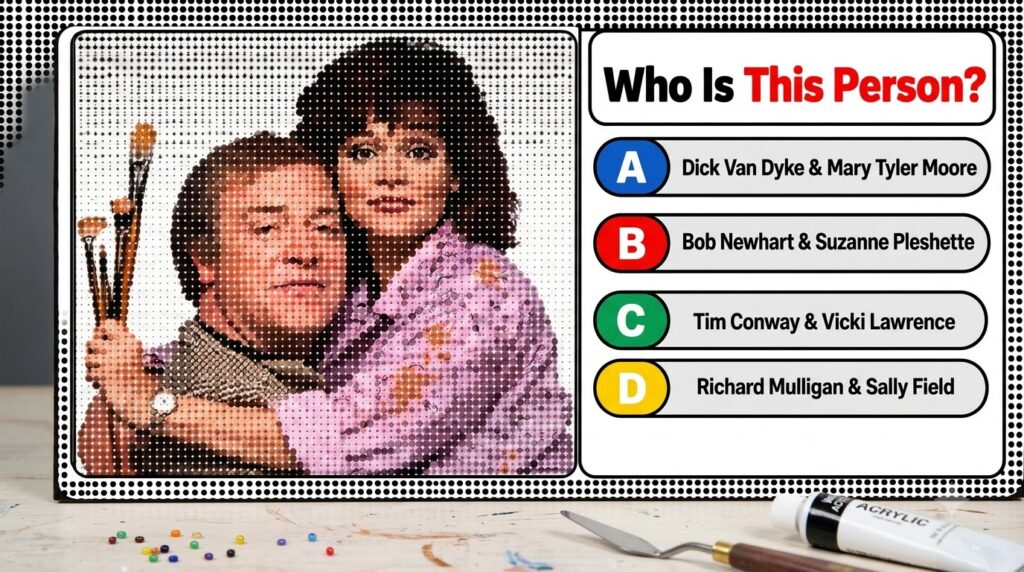 A pop-art style illustration of Tim Conway and Vicki Lawrence rendered using halftone dots Tim Conway is holding paintbr
