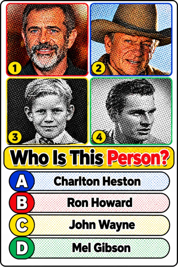A retro-style quiz card showing a black and white halftone portrait of a male celebrity with the question Who Is This Pe