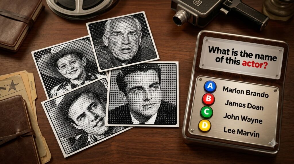 A black-and-white quiz graphic featuring four halftone-dot portraits of classic Hollywood actors arranged in a 2x2 grid 