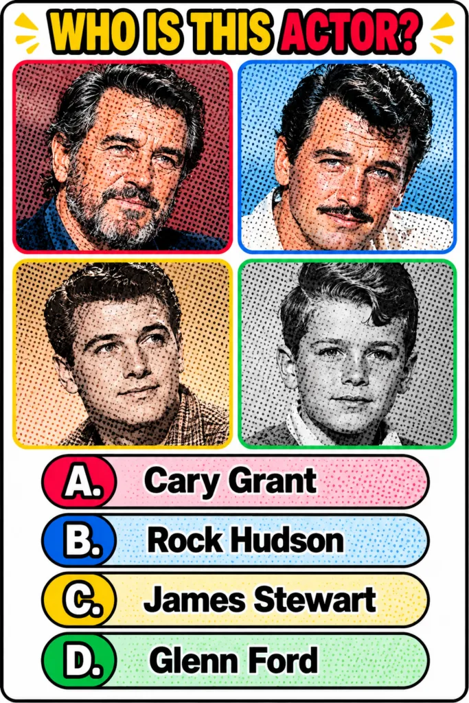 A retro-style multiple-choice quiz image asking WHO IS THIS ACTOR It displays four pop art portraits of different male a