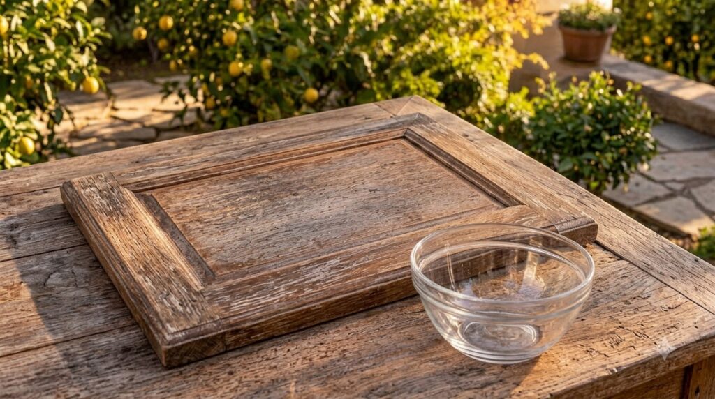 Ingredients for a DIY wood restorer 1 tablespoon of petroleum jelly in a bowl 1 teaspoon of baby oil being poured from a