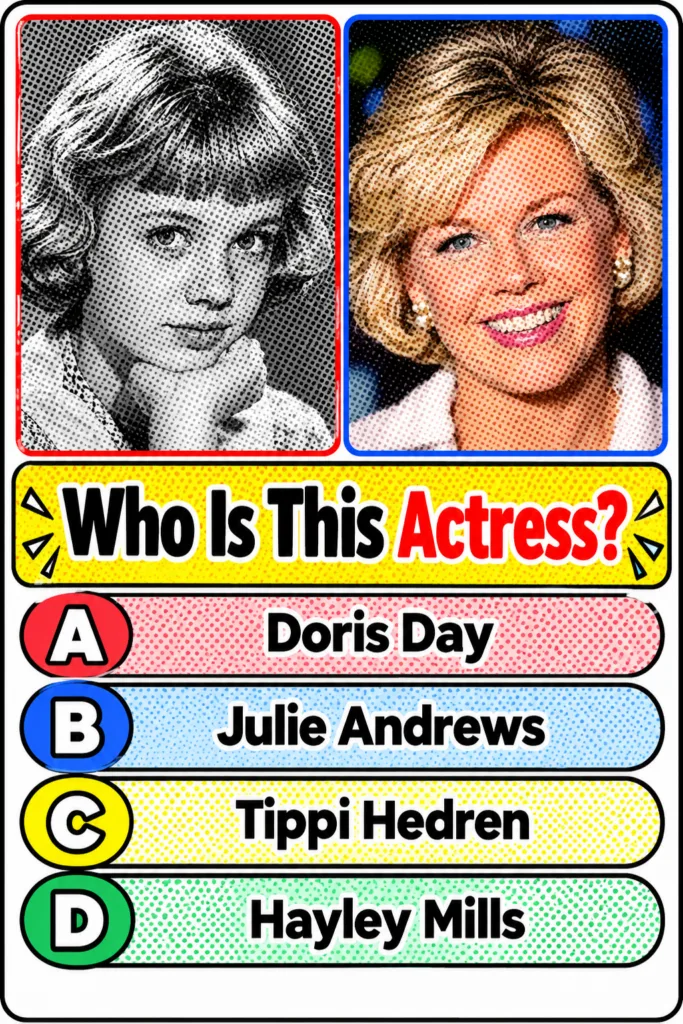 Halftone portraits of Hayley Mills at a young age and as an older woman presented in a quiz format with the question Who