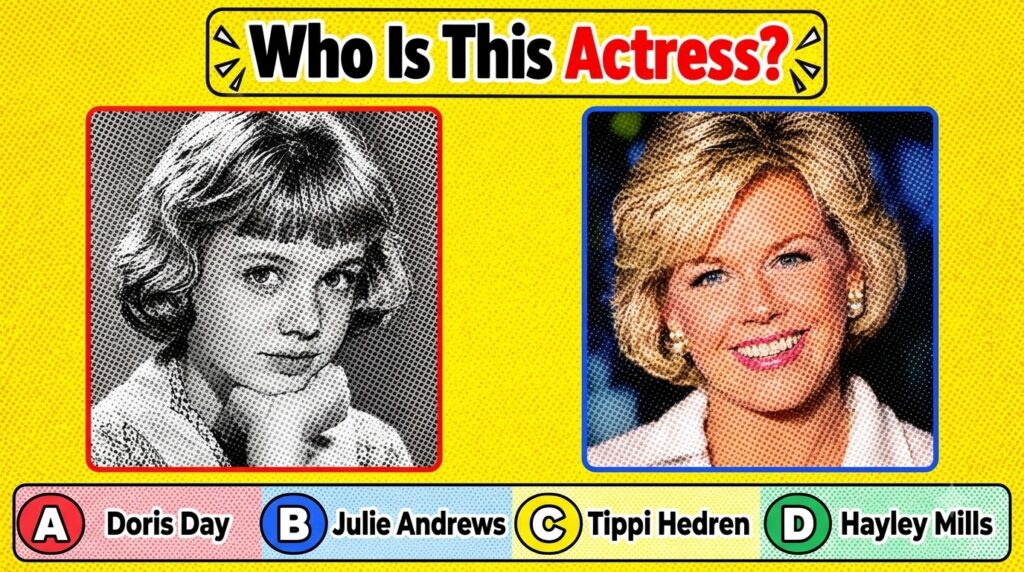 A quiz image asking Who Is This Actress with two portraits an upper left black and white image of a young girl with curl