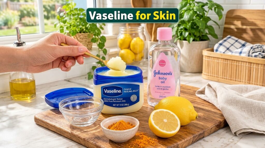 A hand scooping Vaseline petroleum jelly from an open tub with a golden spoon surrounded by a bottle of baby oil whole a