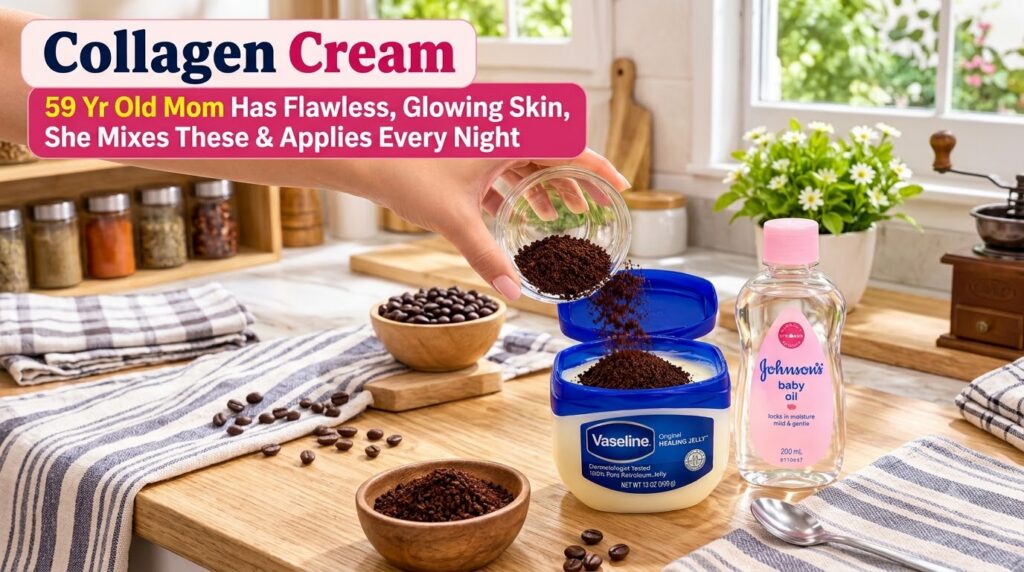 A hand pouring coffee grounds into a jar of Vaseline petroleum jelly with a bottle of baby oil and coffee beans nearby o