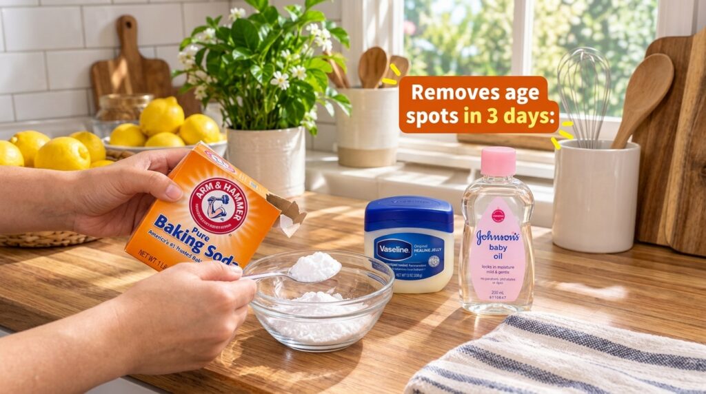 Hands preparing a DIY mixture with baking soda Vaseline and baby oil in a bright kitchen setting