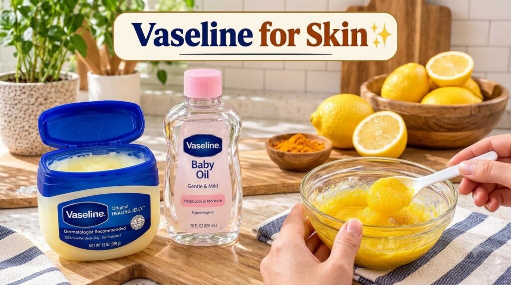 Hands stirring a yellow turmeric and Vaseline mask in a glass bowl with a jar of Vaseline turmeric powder and lemons on