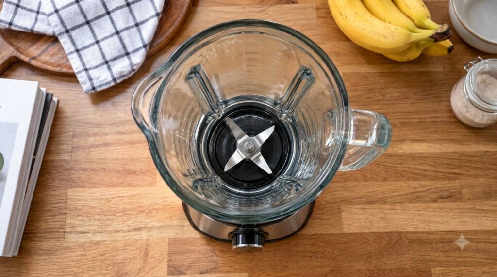 A clean empty glass blender jar with stainless steel blades on a warm wooden countertop with ripe yellow bananas and a c