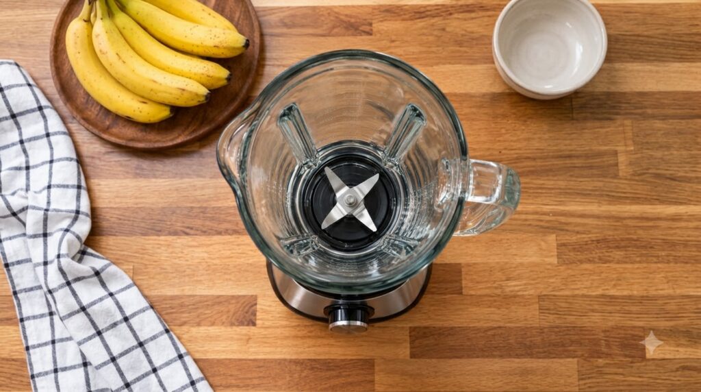 An empty glass blender with silver blades on a light wooden countertop In the blurred background there s a bowl of blueb