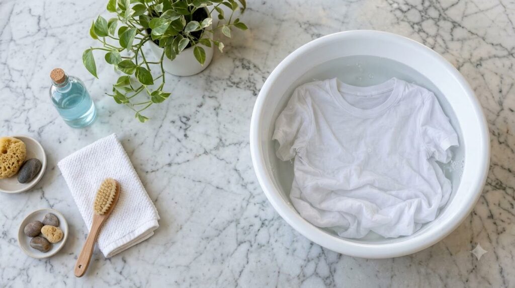 A white t-shirt with yellow underarm stains a cut lemon a container of baking soda and a small bowl with a lemon-baking 