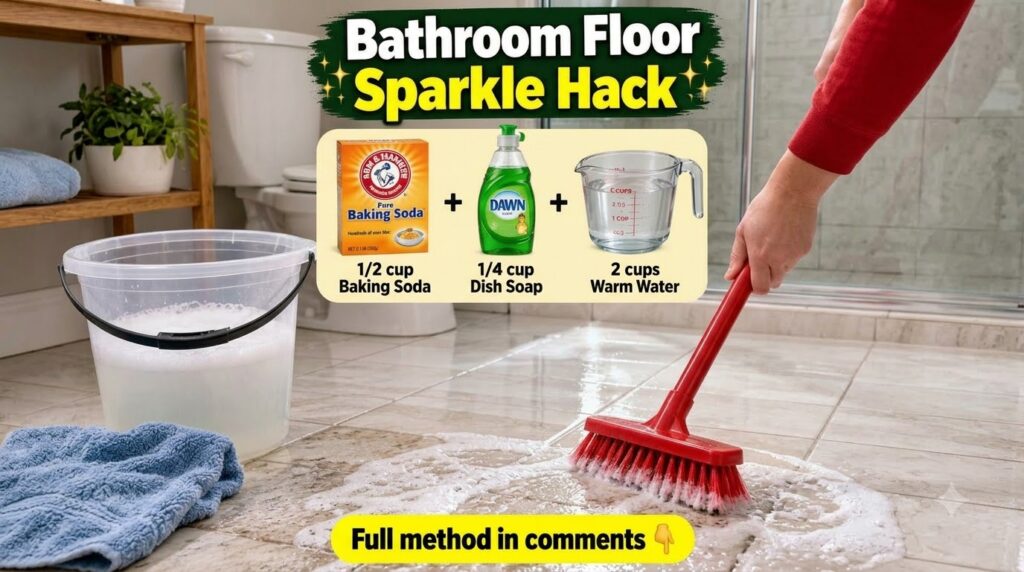 A person s hands gripping a red broom spreading a thick white foamy cleaning solution across a light-colored tiled bathr
