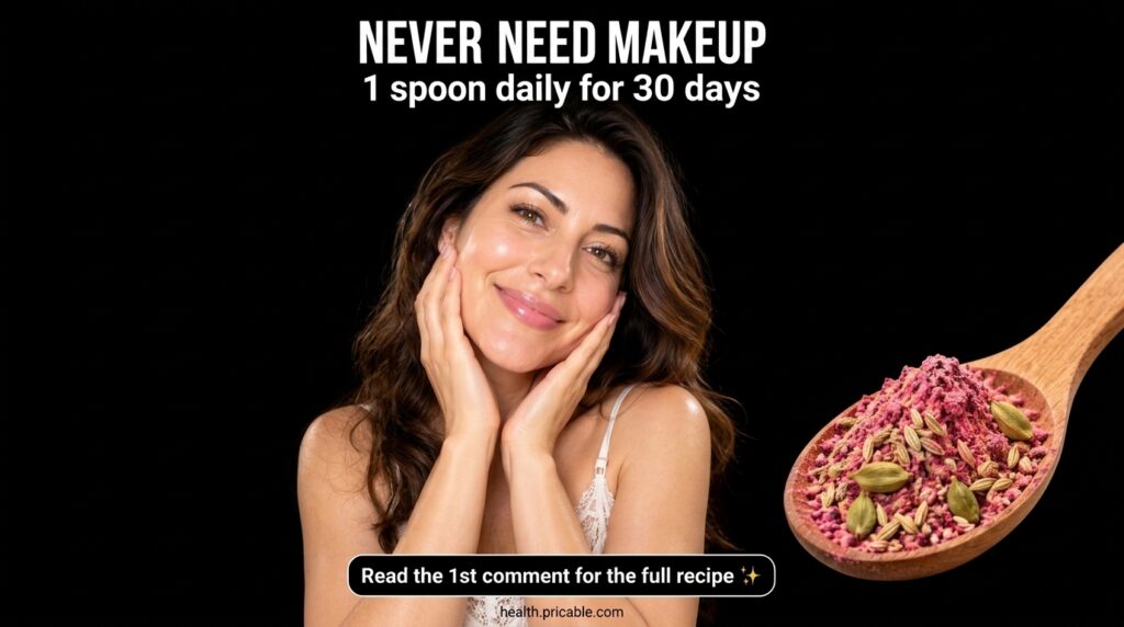 A radiant woman with smooth glowing skin gently touching her cheeks beside a wooden spoon holding a pink powder blend wi