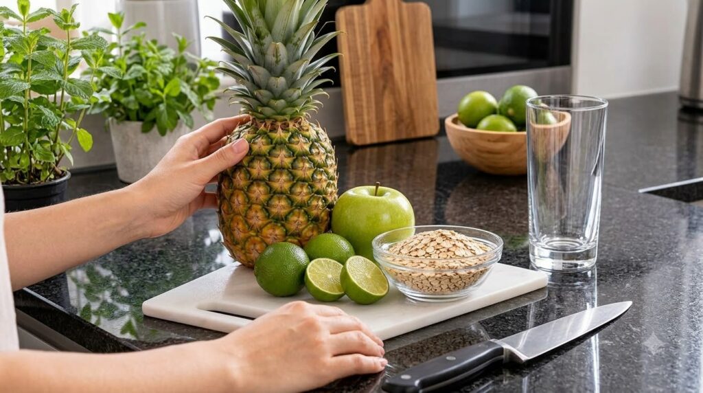 A vibrant blended pineapple apple and oat smoothie in a clear glass garnished with a slice of apple and a few oats The b