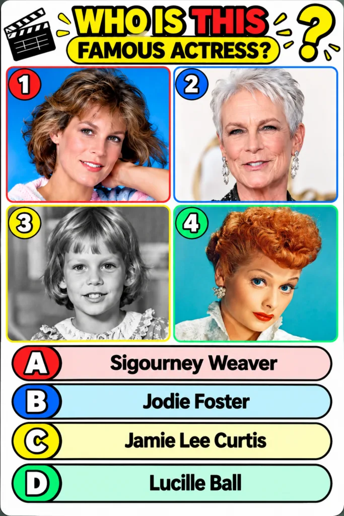 A multiple-choice quiz image titled WHO IS THIS FAMOUS ACTRESS featuring four portrait photographs of different actresse