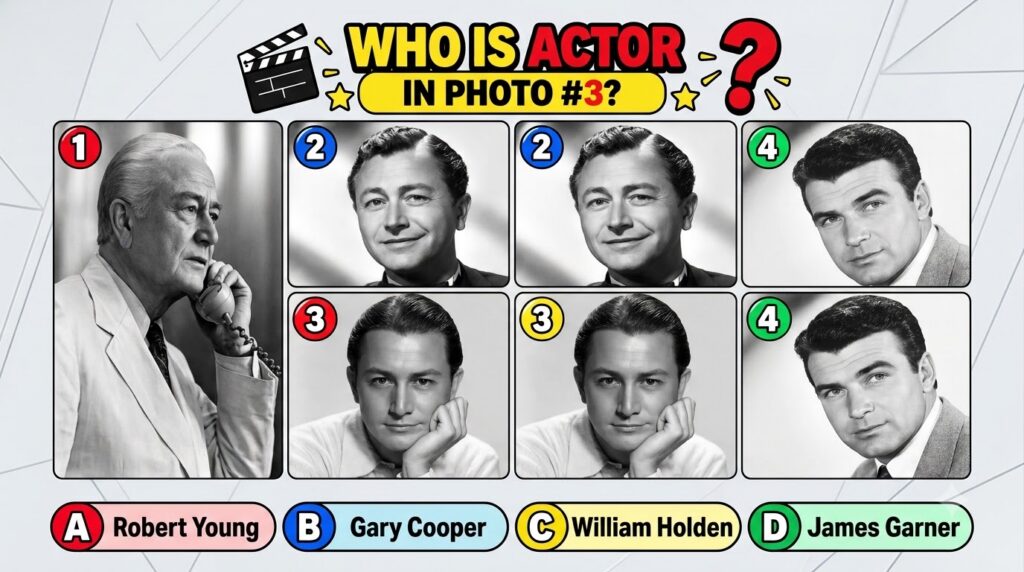 A black and white multiple-choice quiz image featuring four classic Hollywood male actors headshots The third photo is h