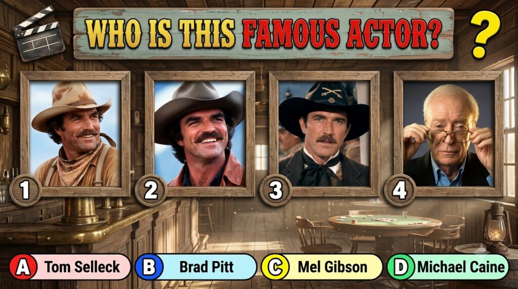 A celebrity multiple-choice quiz image featuring four portrait photos of classic actors arranged in a grid with the titl