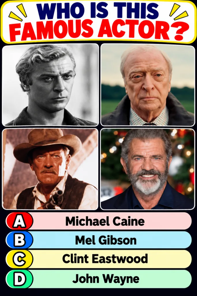 A multiple-choice quiz titled WHO IS THIS FAMOUS ACTOR showing four square panels The top-left features a young Michael 