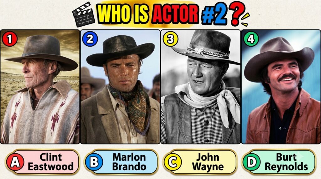 A grid of four legendary male actors for a quiz Clint Eastwood Marlon Brando John Wayne and Burt Reynolds The question i
