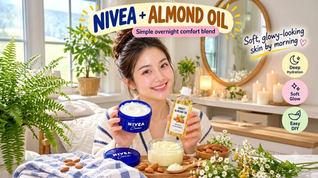 A smiling young woman holding open tubs of Nivea Creme and a bottle of Sweet Almond Oil with whole almonds cream in a ja