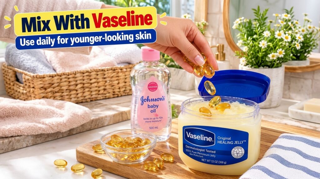 A hand dropping golden vitamin E capsules into a tub of Vaseline next to a bottle of baby oil on a wooden surface in a s