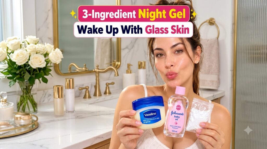 A woman with radiant glass skin holding Vaseline petroleum jelly Johnson s baby oil and a small packet of white powder i