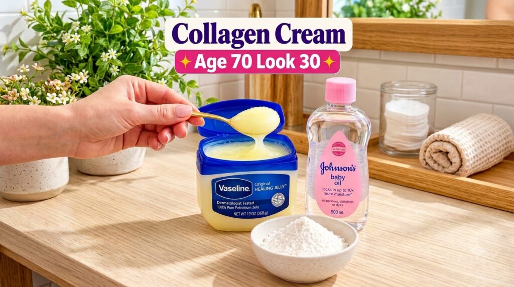 Three skincare ingredients a tub of Vaseline Original Healing Jelly with a spoon a bottle of Johnson s baby oil and a bo