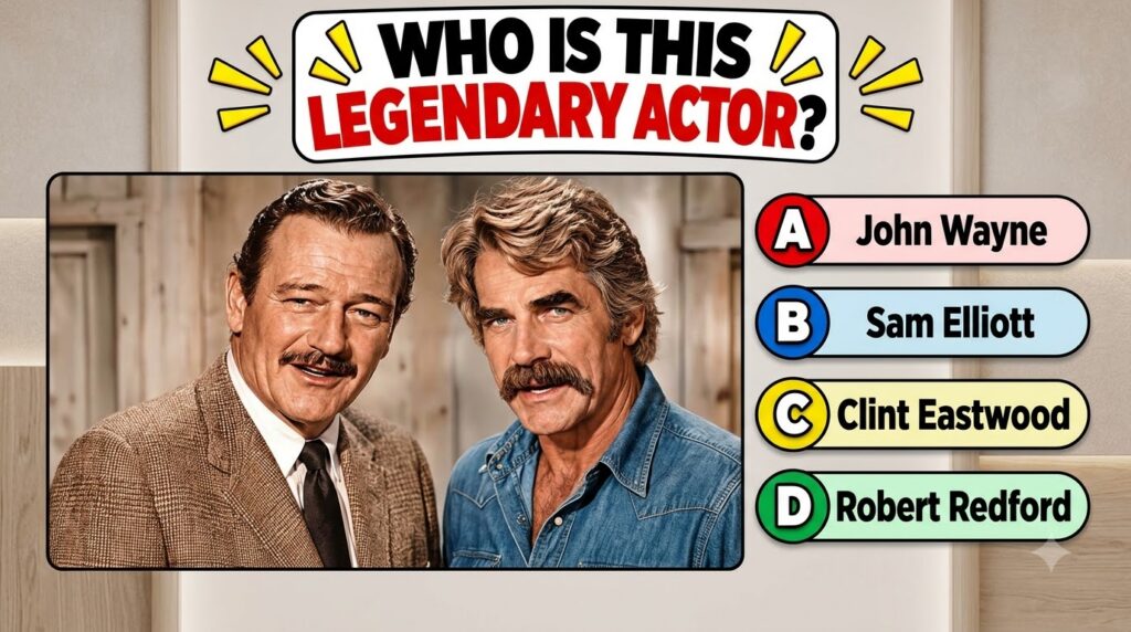 A vertical quiz graphic featuring two classic-era male actors with prominent mustaches in side-by-side headshots with th