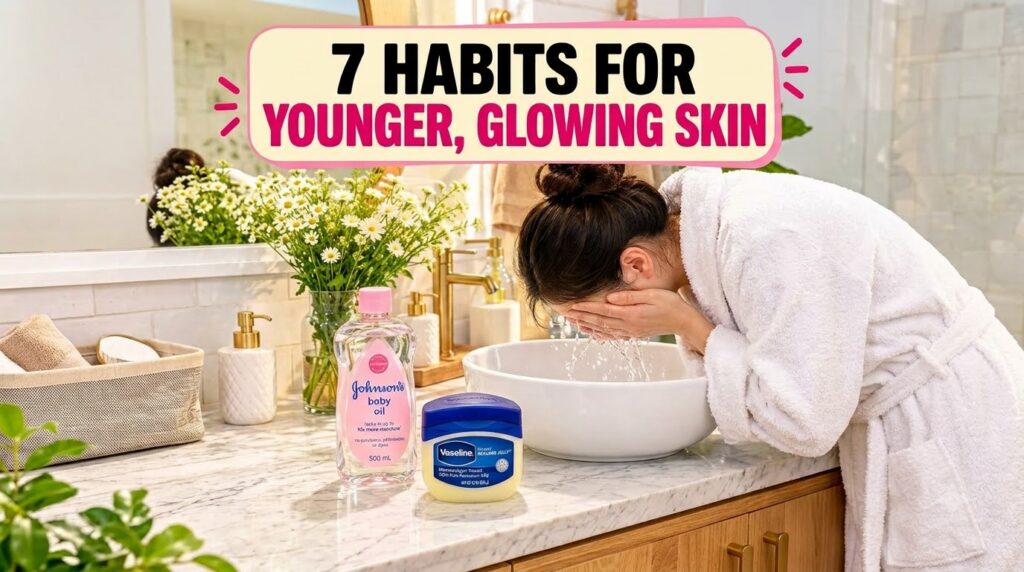 A person washing their face in a bright clean bathroom surrounded by simple skincare items and a vase of daisies