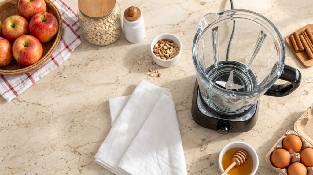 A top-down view of an empty blender amidst fresh ingredients like red apples oats honey and cinnamon sticks on a light m