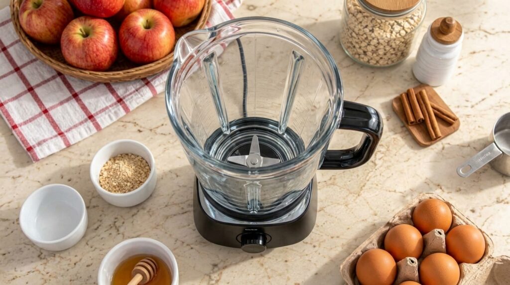 An overhead flat lay of an empty blender on a marble countertop surrounded by red apples in a woven basket a jar of oats