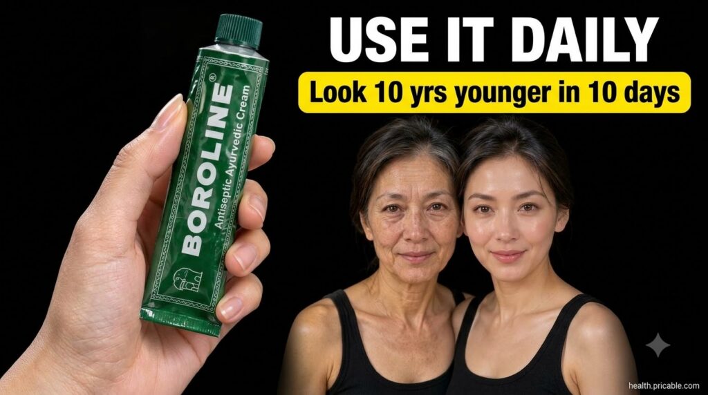 A hand holding a green tube of Boroline Antiseptic Ayurvedic Cream with a stylized before face showing wrinkles and an a