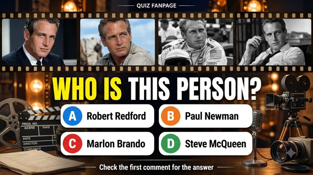 A 2x2 grid of four distinct portraits of Paul Newman from different eras and roles as seen in the quiz image
