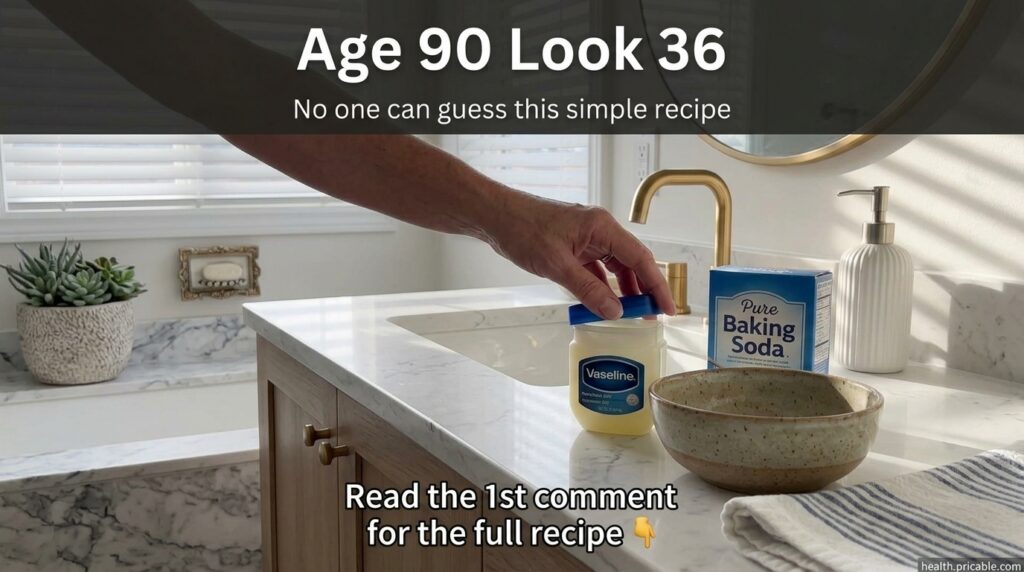 A close-up of a jar of petroleum jelly and a box of baking soda on a clean bathroom counter with an empty ceramic bowl r
