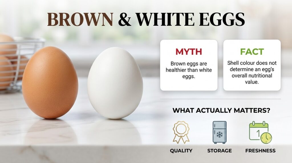 A side-by-side comparison of one brown egg and one white egg both whole and pristine set against a clean minimalist back