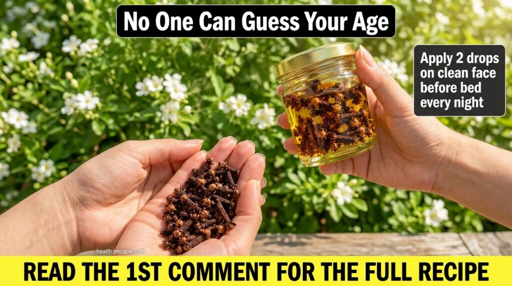 A clear glass jar filled with dried whole cloves infusing in a light yellow carrier oil placed on a wooden surface with 
