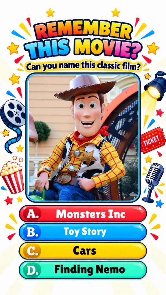 A vibrant cartoon-style movie quiz featuring Woody from Disney-Pixar s Toy Story as the central subject framed within a