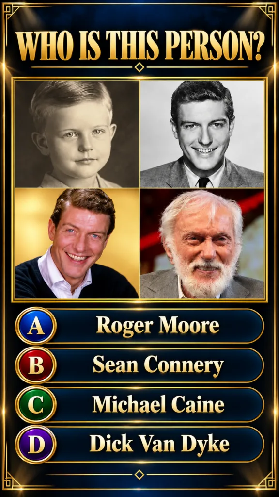 A quiz graphic with four images of Dick Van Dyke at different ages asking WHO IS THIS PERSON with multiple-choice answer