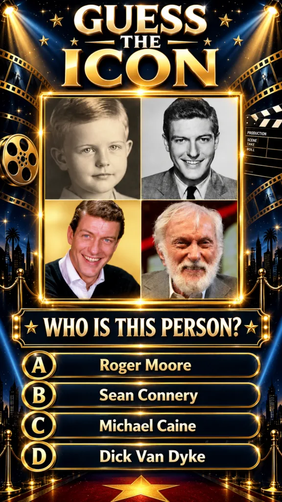 A Guess the Icon quiz graphic showing four photographs of Dick Van Dyke at different ages from childhood to old age set 