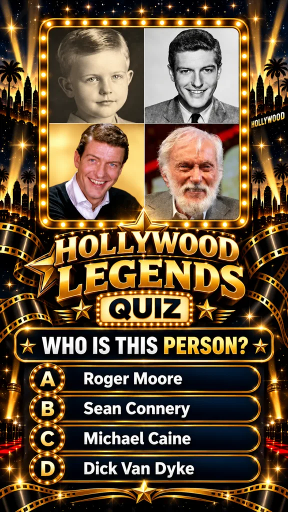 A quiz image showing a montage of four black-and-white and color photos of actor Dick Van Dyke at different ages set aga